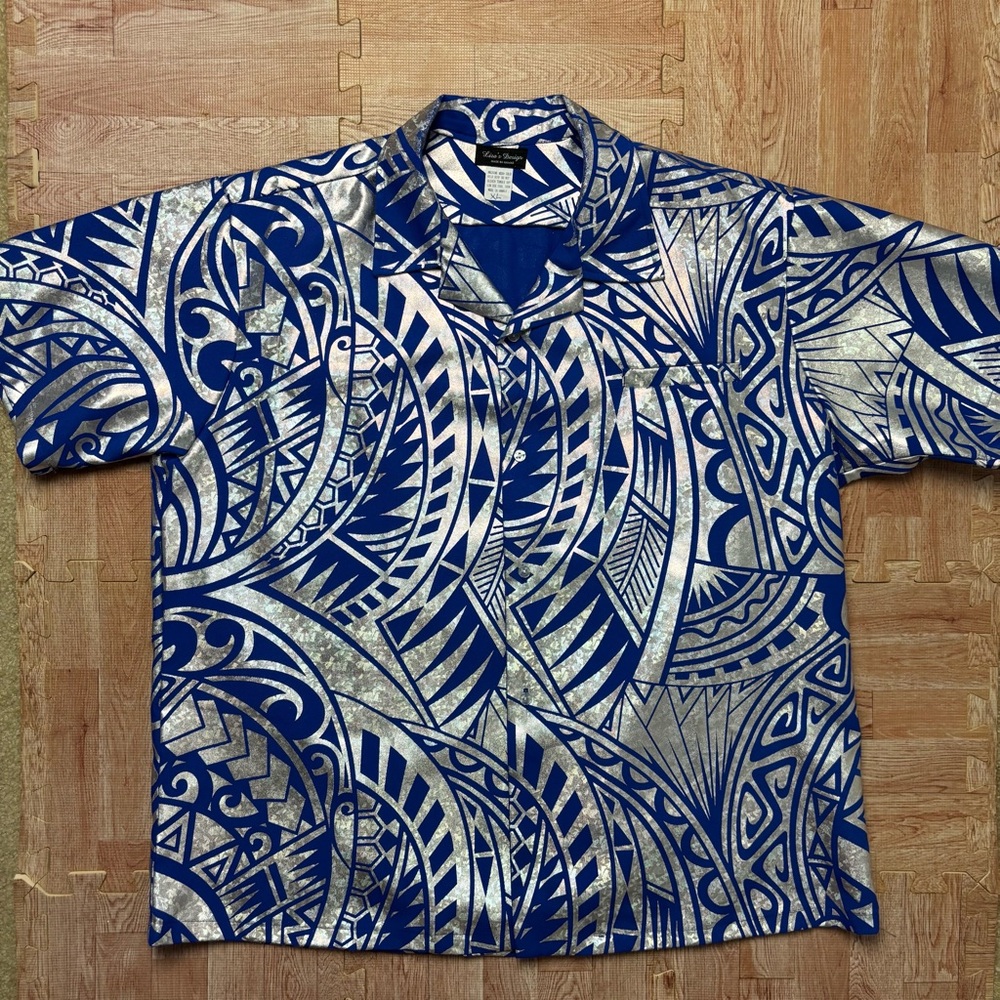 RARE XL Liza's Design Hawaiian Shirt Blue Silver FOIL Metallic Tribal Aloha VTG